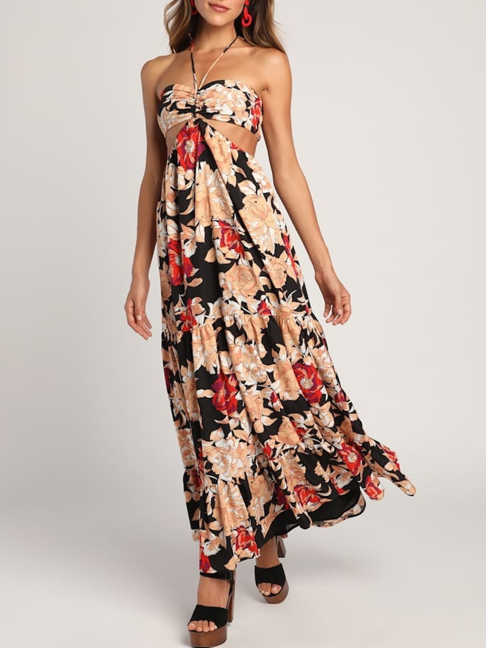 LULU’S Midsummer Moment Black Floral Print Cutout Halter Maxi Dress - Picture 2 of 6